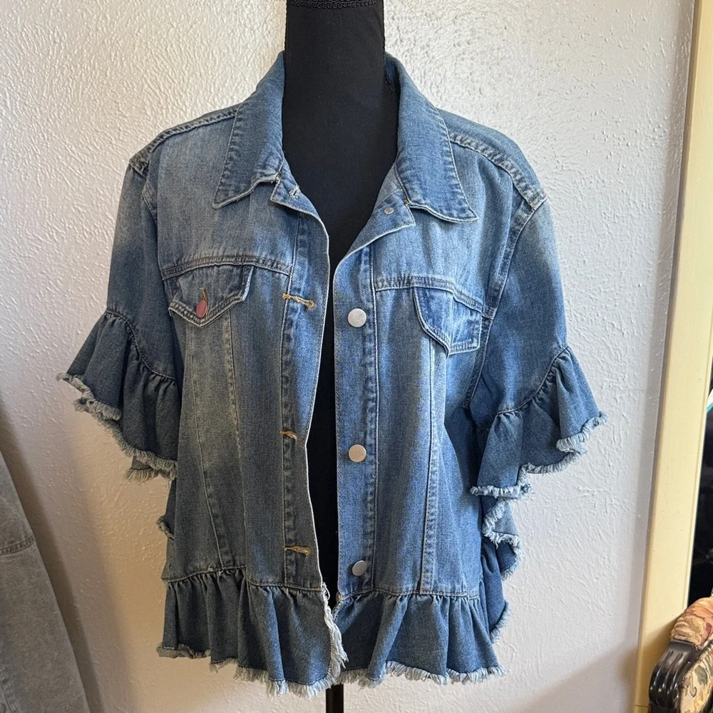 Hayden Blue Denim Jacket with Ruffle Accents - Picture 1 of 5